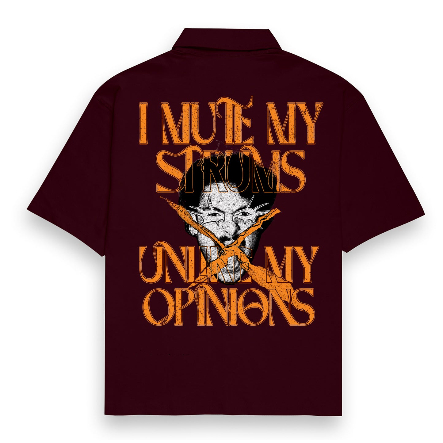 Qalakaar-Unisex-Printed-I_Mute_My_Strums_Unlike_My_Opinions-Maroon-Oversized-Shirt